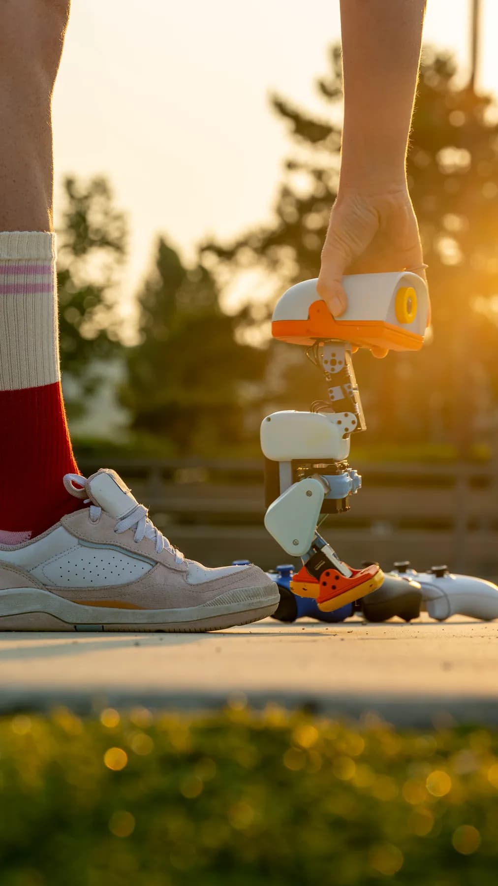 A Microduck being lowered onto roller skates at sunset