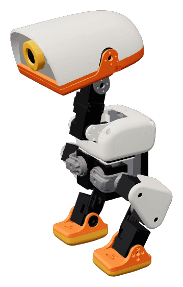 The Microduck, a 25 cm white and orange bipedal robot, mid-stride